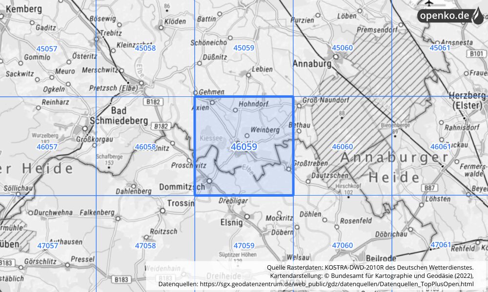 Übersichtskarte KOSTRA-DWD-2010R Rasterfeld Nr. 46059 mit angrenzenden Feldern