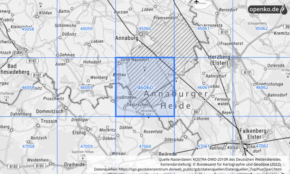 Übersichtskarte KOSTRA-DWD-2010R Rasterfeld Nr. 46060 mit angrenzenden Feldern