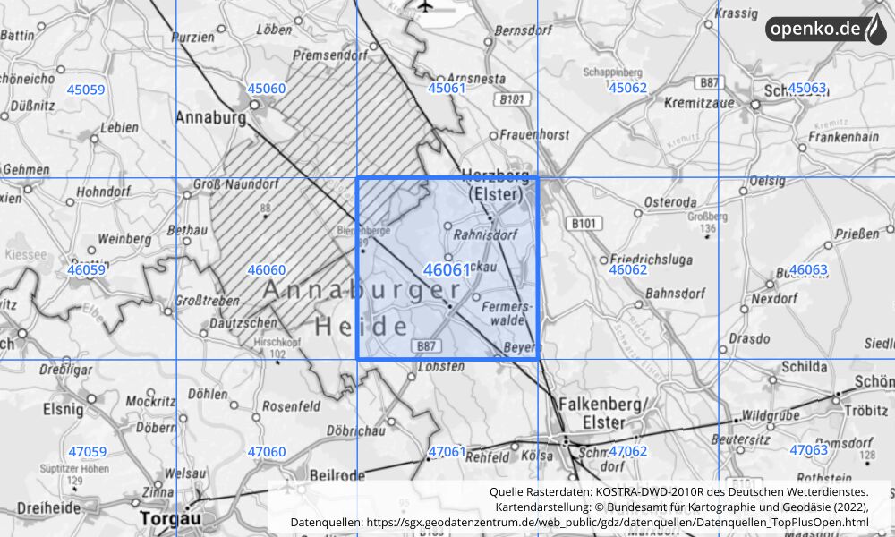 Übersichtskarte KOSTRA-DWD-2010R Rasterfeld Nr. 46061 mit angrenzenden Feldern