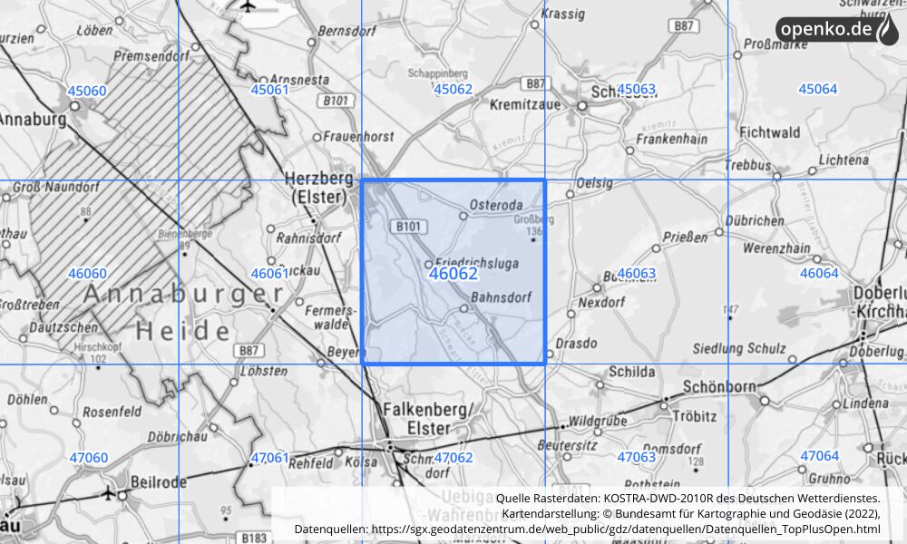 Übersichtskarte KOSTRA-DWD-2010R Rasterfeld Nr. 46062 mit angrenzenden Feldern