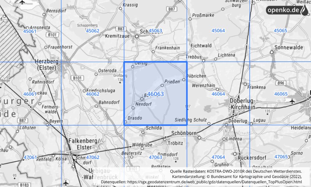 Übersichtskarte KOSTRA-DWD-2010R Rasterfeld Nr. 46063 mit angrenzenden Feldern