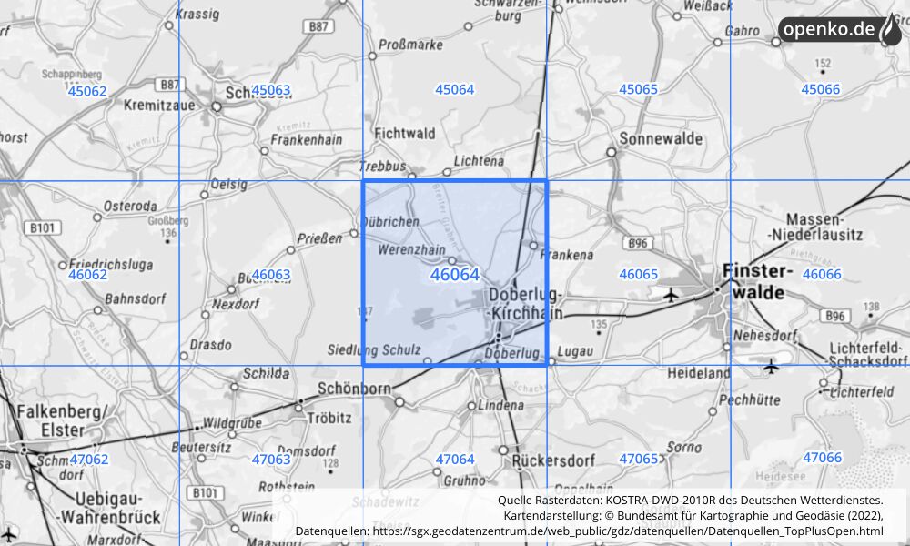 Übersichtskarte KOSTRA-DWD-2010R Rasterfeld Nr. 46064 mit angrenzenden Feldern