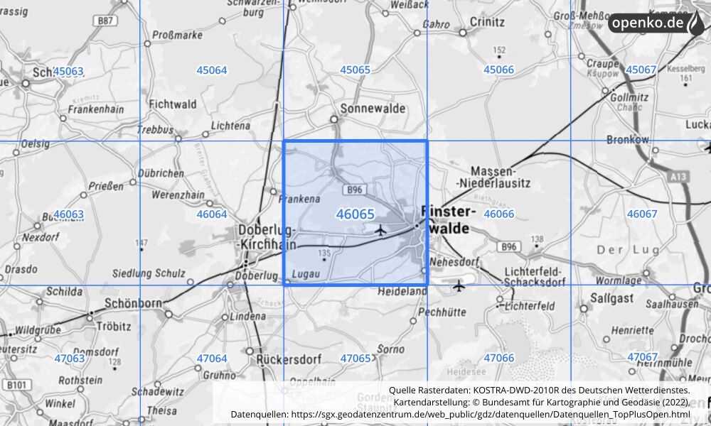 Übersichtskarte KOSTRA-DWD-2010R Rasterfeld Nr. 46065 mit angrenzenden Feldern