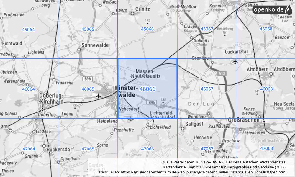 Übersichtskarte KOSTRA-DWD-2010R Rasterfeld Nr. 46066 mit angrenzenden Feldern