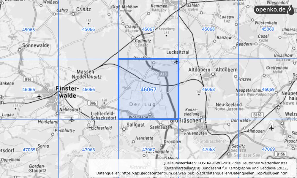 Übersichtskarte KOSTRA-DWD-2010R Rasterfeld Nr. 46067 mit angrenzenden Feldern