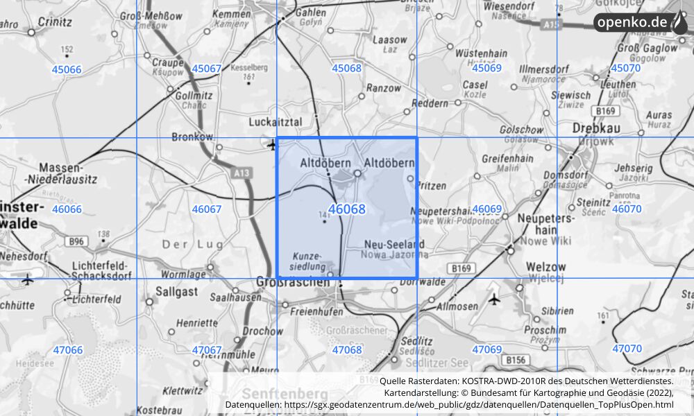 Übersichtskarte KOSTRA-DWD-2010R Rasterfeld Nr. 46068 mit angrenzenden Feldern