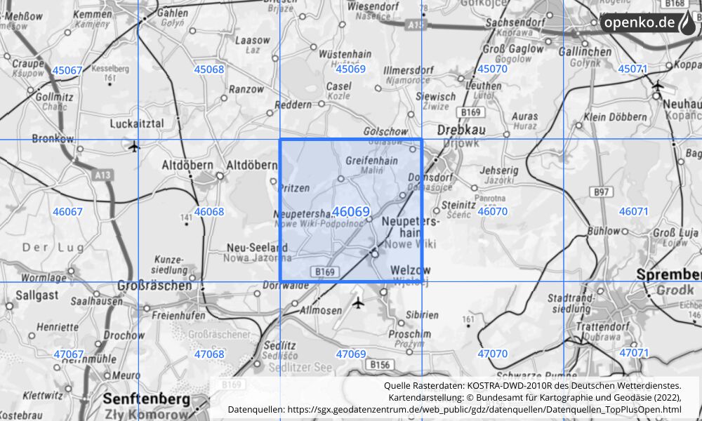 Übersichtskarte KOSTRA-DWD-2010R Rasterfeld Nr. 46069 mit angrenzenden Feldern