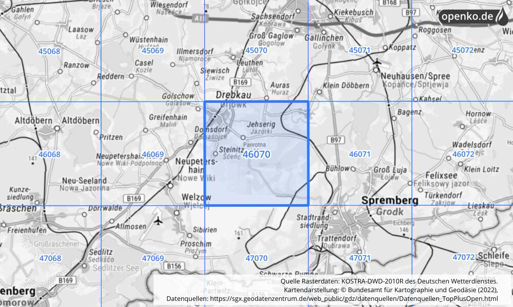 Übersichtskarte KOSTRA-DWD-2010R Rasterfeld Nr. 46070 mit angrenzenden Feldern