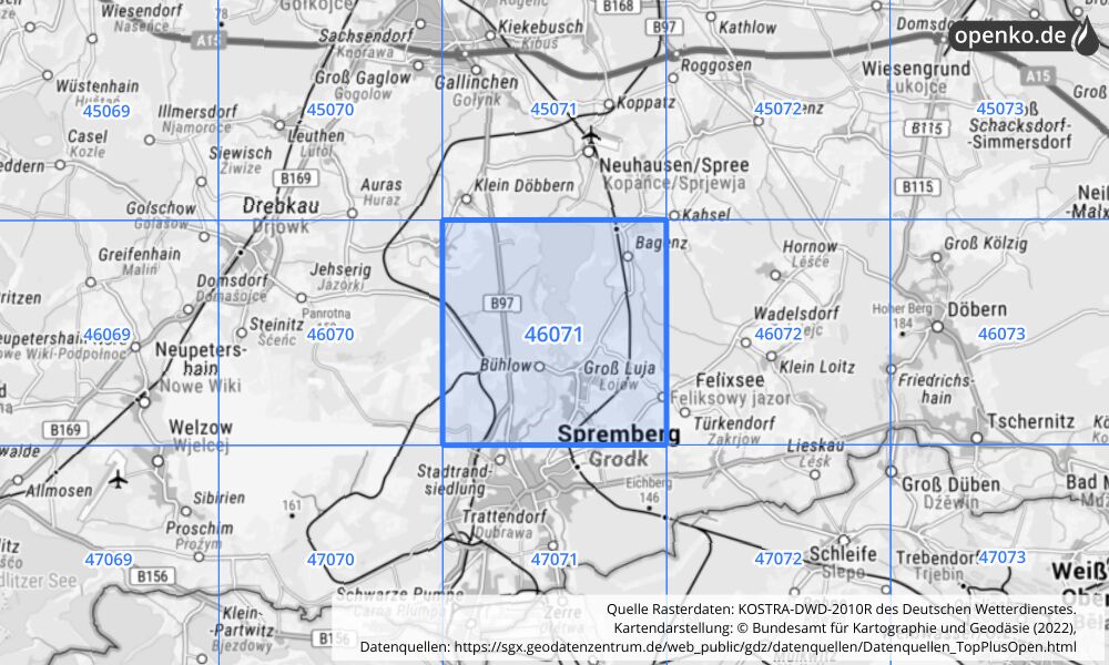 Übersichtskarte KOSTRA-DWD-2010R Rasterfeld Nr. 46071 mit angrenzenden Feldern