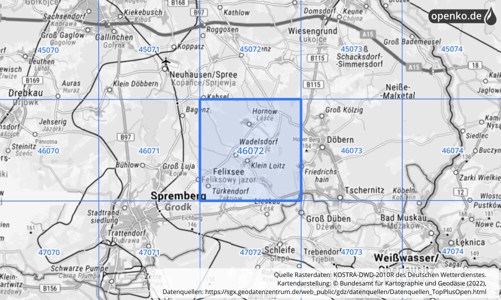 Übersichtskarte KOSTRA-DWD-2010R Rasterfeld Nr. 46072 mit angrenzenden Feldern
