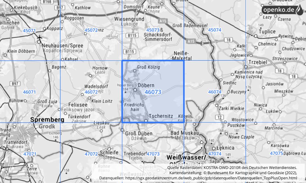 Übersichtskarte KOSTRA-DWD-2010R Rasterfeld Nr. 46073 mit angrenzenden Feldern