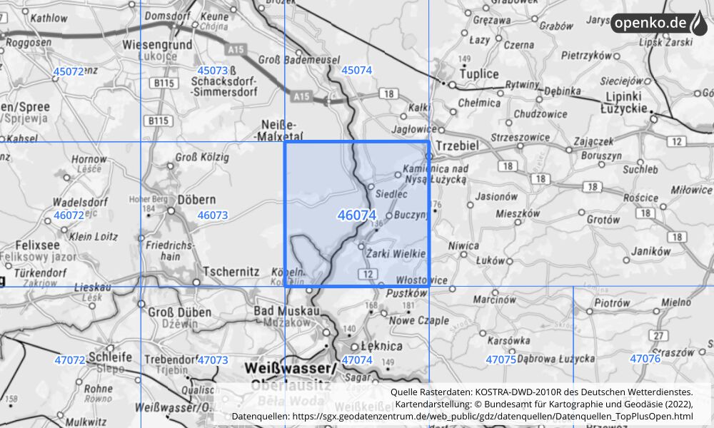 Übersichtskarte KOSTRA-DWD-2010R Rasterfeld Nr. 46074 mit angrenzenden Feldern