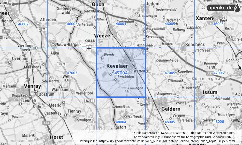 Übersichtskarte KOSTRA-DWD-2010R Rasterfeld Nr. 47004 mit angrenzenden Feldern