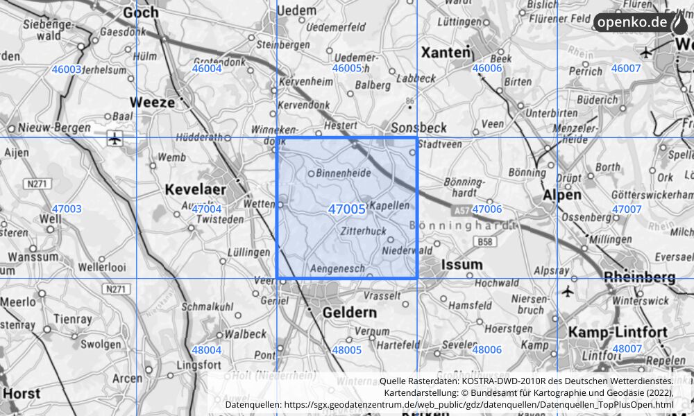 Übersichtskarte KOSTRA-DWD-2010R Rasterfeld Nr. 47005 mit angrenzenden Feldern