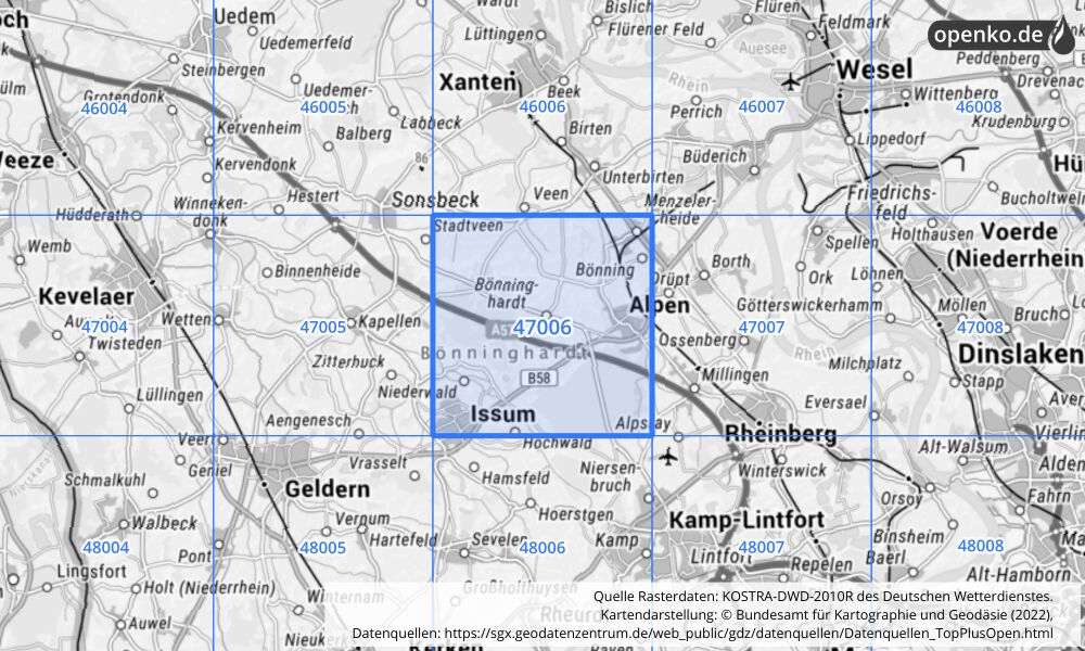 Übersichtskarte KOSTRA-DWD-2010R Rasterfeld Nr. 47006 mit angrenzenden Feldern