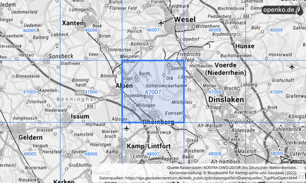 Übersichtskarte KOSTRA-DWD-2010R Rasterfeld Nr. 47007 mit angrenzenden Feldern