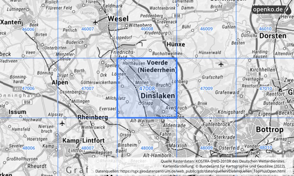 Übersichtskarte KOSTRA-DWD-2010R Rasterfeld Nr. 47008 mit angrenzenden Feldern