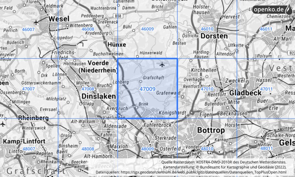 Übersichtskarte KOSTRA-DWD-2010R Rasterfeld Nr. 47009 mit angrenzenden Feldern