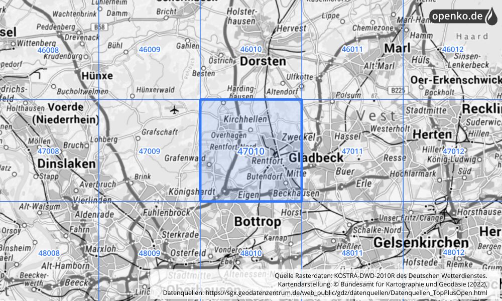 Übersichtskarte KOSTRA-DWD-2010R Rasterfeld Nr. 47010 mit angrenzenden Feldern