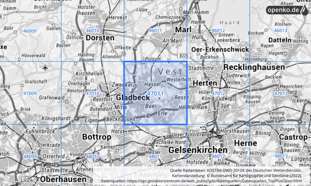 Übersichtskarte KOSTRA-DWD-2010R Rasterfeld Nr. 47011 mit angrenzenden Feldern