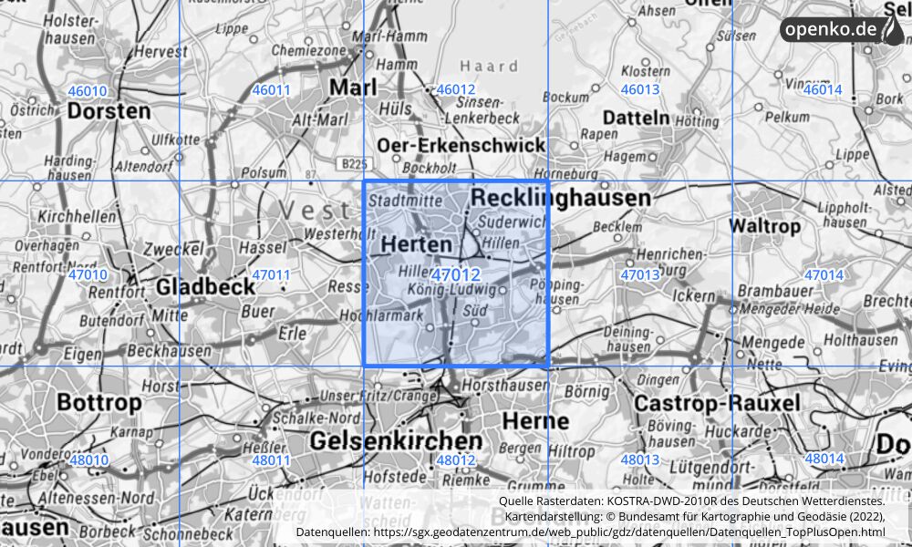 Übersichtskarte KOSTRA-DWD-2010R Rasterfeld Nr. 47012 mit angrenzenden Feldern