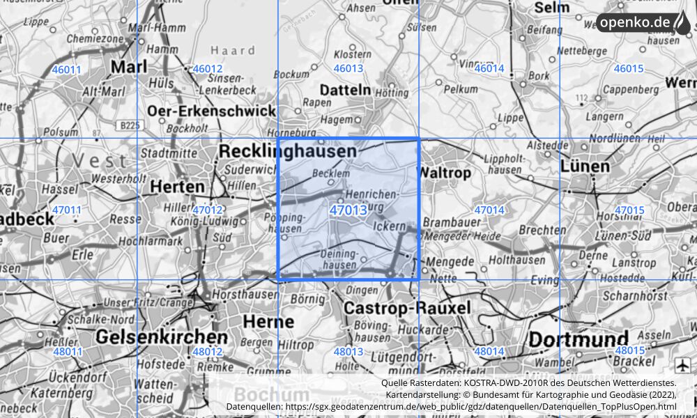 Übersichtskarte KOSTRA-DWD-2010R Rasterfeld Nr. 47013 mit angrenzenden Feldern