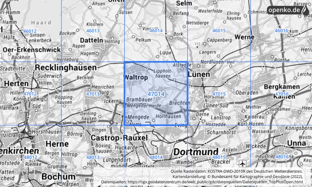 Übersichtskarte KOSTRA-DWD-2010R Rasterfeld Nr. 47014 mit angrenzenden Feldern