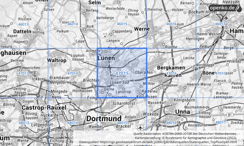 Übersichtskarte KOSTRA-DWD-2010R Rasterfeld Nr. 47015 mit angrenzenden Feldern