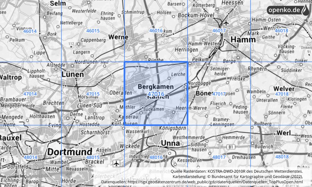 Übersichtskarte KOSTRA-DWD-2010R Rasterfeld Nr. 47016 mit angrenzenden Feldern