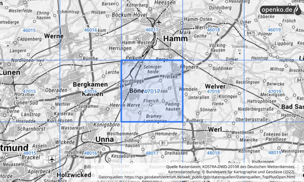 Übersichtskarte KOSTRA-DWD-2010R Rasterfeld Nr. 47017 mit angrenzenden Feldern