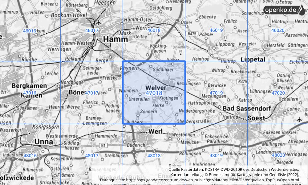 Übersichtskarte KOSTRA-DWD-2010R Rasterfeld Nr. 47018 mit angrenzenden Feldern