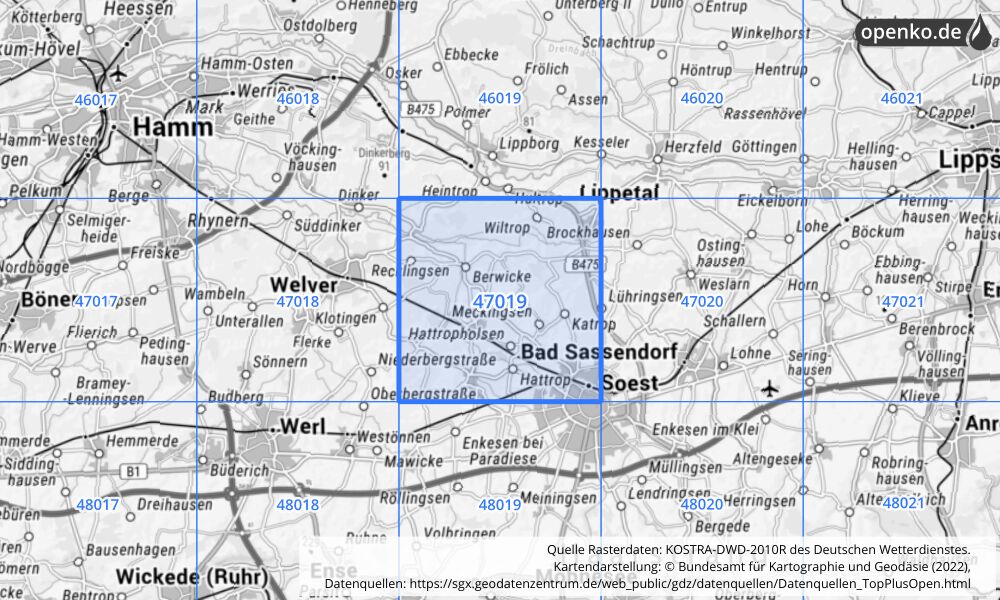 Übersichtskarte KOSTRA-DWD-2010R Rasterfeld Nr. 47019 mit angrenzenden Feldern