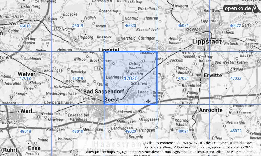 Übersichtskarte KOSTRA-DWD-2010R Rasterfeld Nr. 47020 mit angrenzenden Feldern