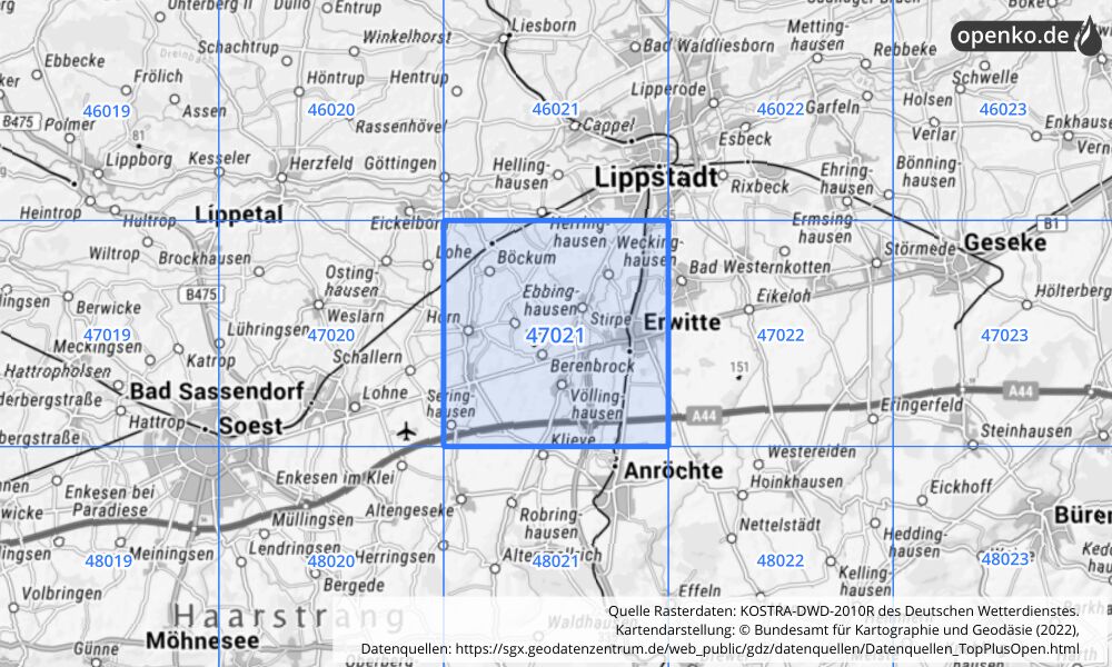 Übersichtskarte KOSTRA-DWD-2010R Rasterfeld Nr. 47021 mit angrenzenden Feldern