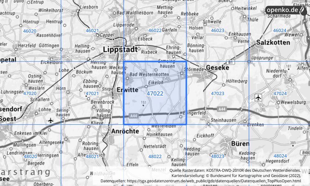 Übersichtskarte KOSTRA-DWD-2010R Rasterfeld Nr. 47022 mit angrenzenden Feldern