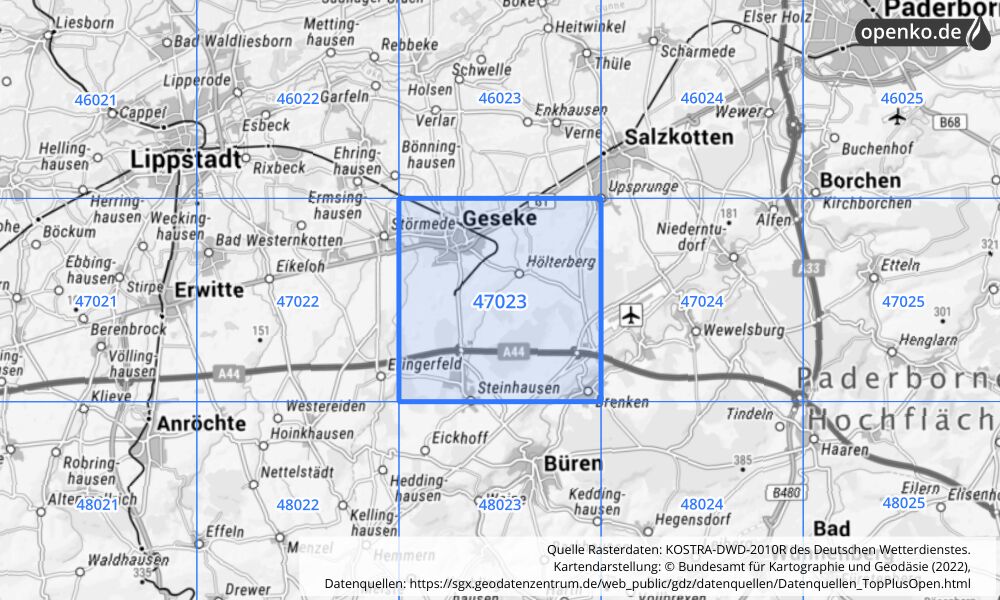 Übersichtskarte KOSTRA-DWD-2010R Rasterfeld Nr. 47023 mit angrenzenden Feldern