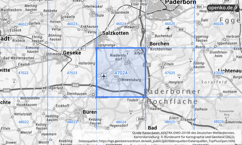 Übersichtskarte KOSTRA-DWD-2010R Rasterfeld Nr. 47024 mit angrenzenden Feldern