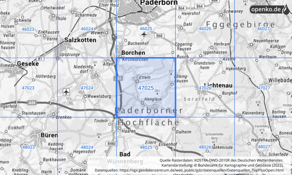 Übersichtskarte KOSTRA-DWD-2010R Rasterfeld Nr. 47025 mit angrenzenden Feldern