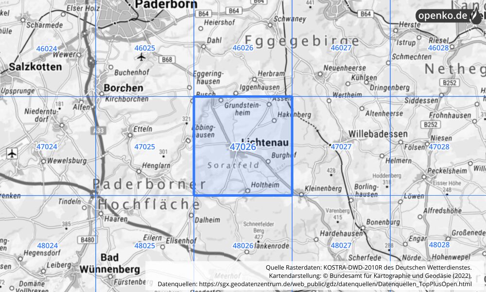 Übersichtskarte KOSTRA-DWD-2010R Rasterfeld Nr. 47026 mit angrenzenden Feldern