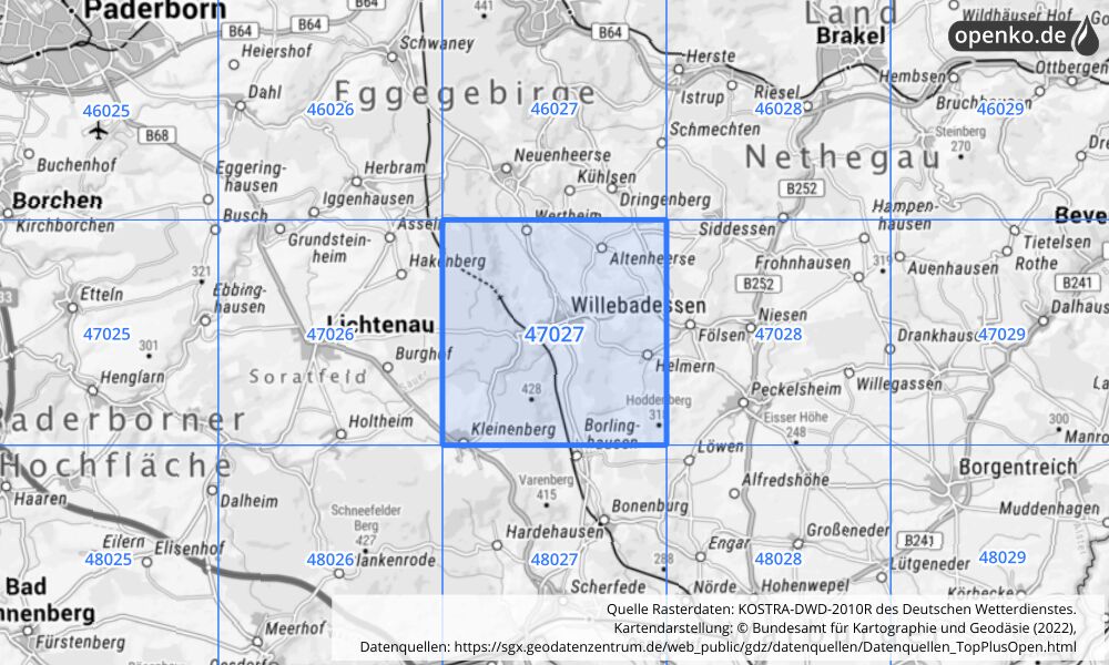 Übersichtskarte KOSTRA-DWD-2010R Rasterfeld Nr. 47027 mit angrenzenden Feldern