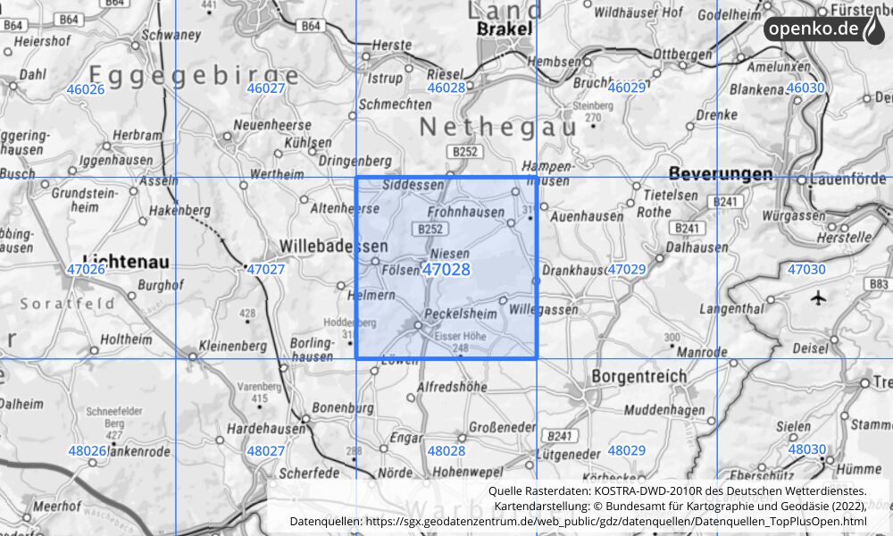 Übersichtskarte KOSTRA-DWD-2010R Rasterfeld Nr. 47028 mit angrenzenden Feldern