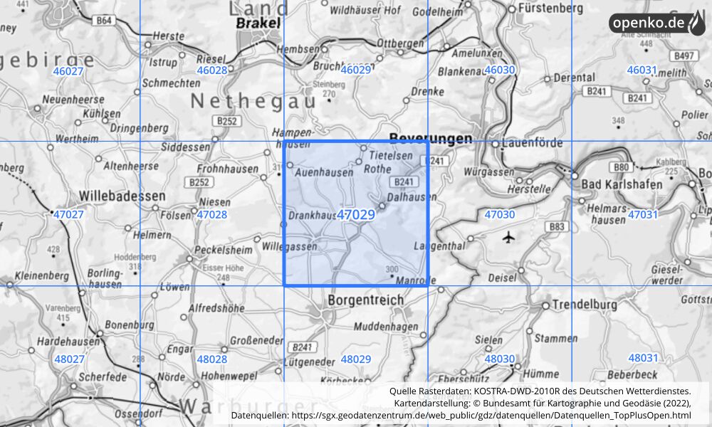 Übersichtskarte KOSTRA-DWD-2010R Rasterfeld Nr. 47029 mit angrenzenden Feldern