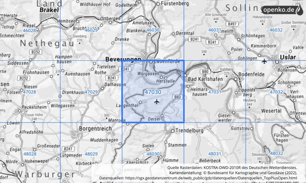 Übersichtskarte KOSTRA-DWD-2010R Rasterfeld Nr. 47030 mit angrenzenden Feldern