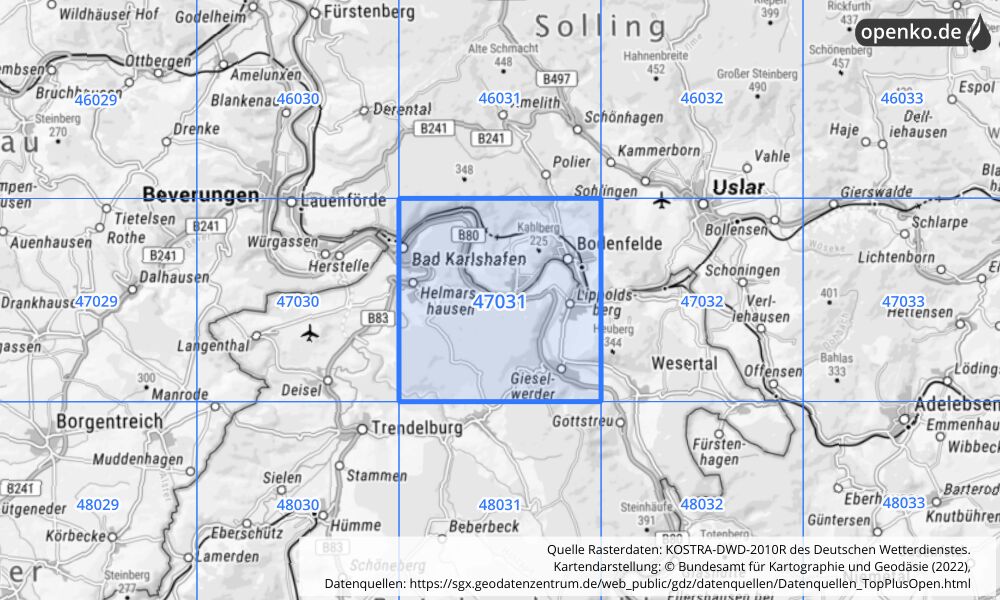 Übersichtskarte KOSTRA-DWD-2010R Rasterfeld Nr. 47031 mit angrenzenden Feldern