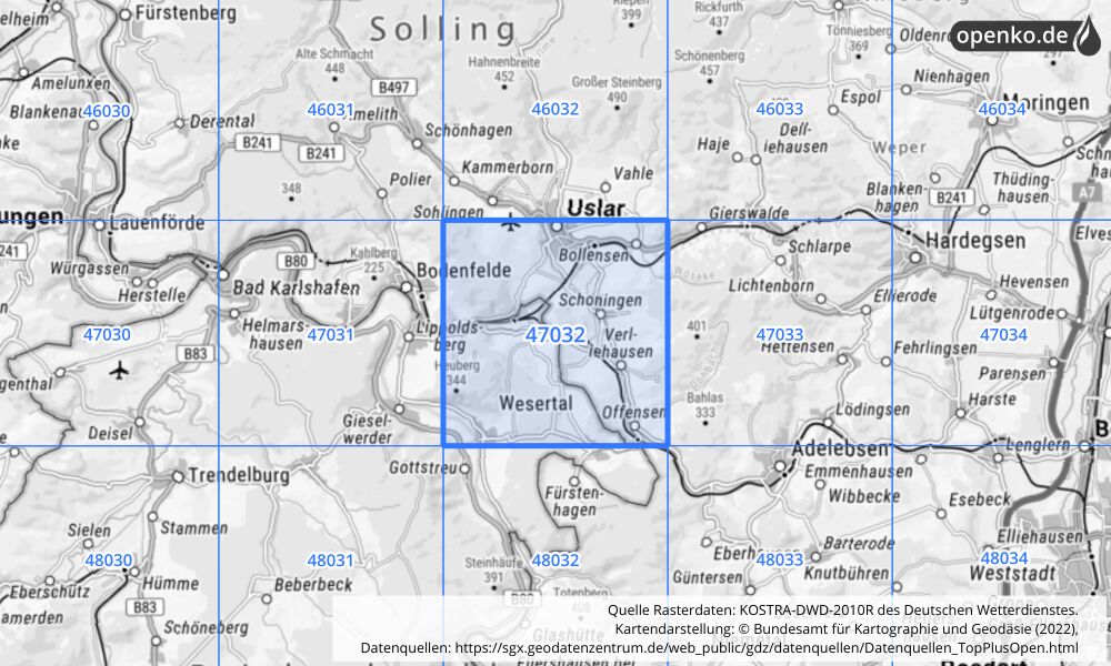 Übersichtskarte KOSTRA-DWD-2010R Rasterfeld Nr. 47032 mit angrenzenden Feldern