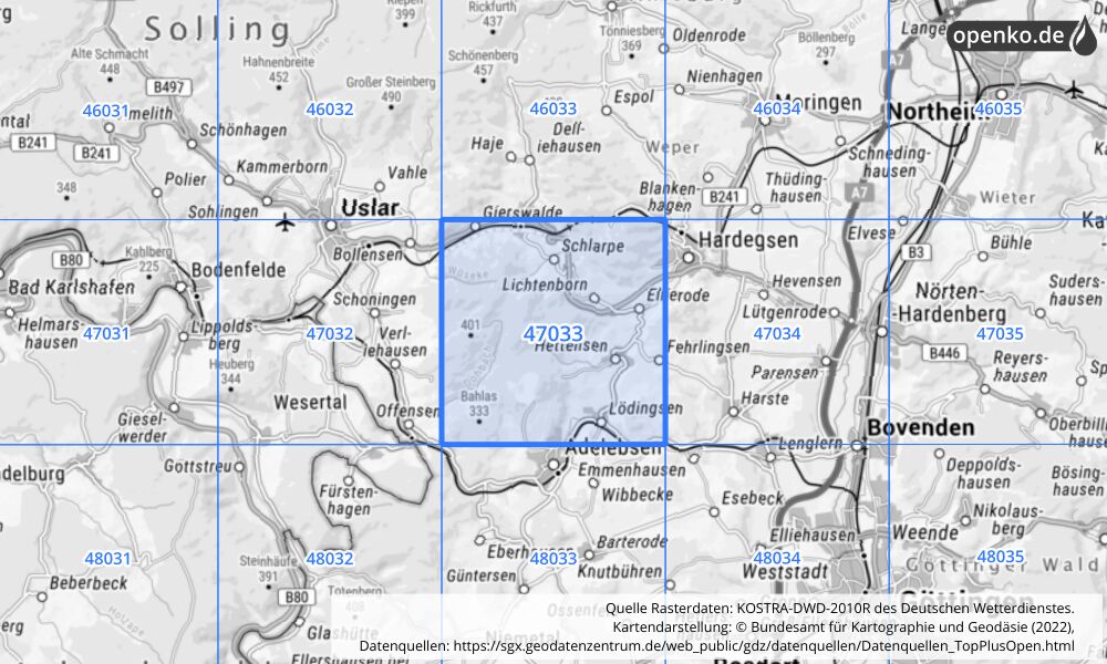 Übersichtskarte KOSTRA-DWD-2010R Rasterfeld Nr. 47033 mit angrenzenden Feldern