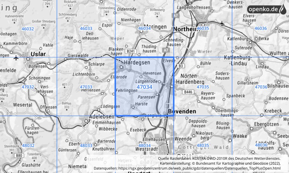 Übersichtskarte KOSTRA-DWD-2010R Rasterfeld Nr. 47034 mit angrenzenden Feldern