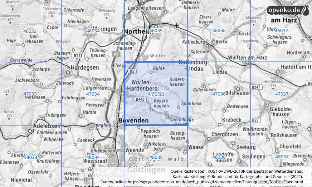 Übersichtskarte KOSTRA-DWD-2010R Rasterfeld Nr. 47035 mit angrenzenden Feldern