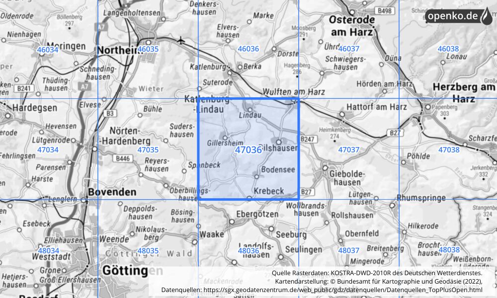 Übersichtskarte KOSTRA-DWD-2010R Rasterfeld Nr. 47036 mit angrenzenden Feldern