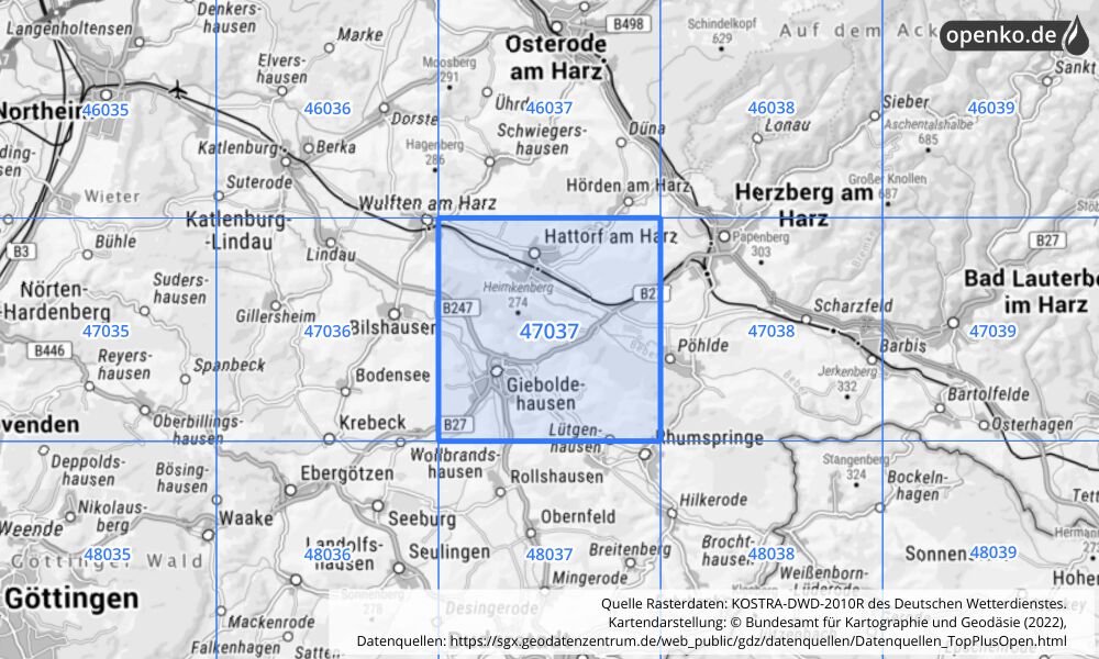 Übersichtskarte KOSTRA-DWD-2010R Rasterfeld Nr. 47037 mit angrenzenden Feldern